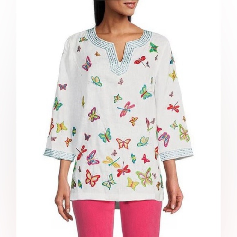 John Mark linen blend butterfly print multicolor top size medium